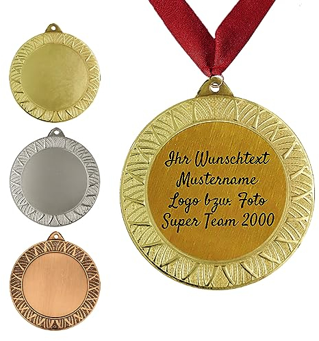 Personalisierte Medaille aus Metall in Gold, Silber & Bronze Farbe, mit Wunschtext, Foto und Logo (mit Halsband, Gold)