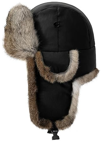 Harssidanzar Fliegermütze wasserdichte Winter Kaninchen Pelz Hüte Gefüttert Trappermütze Aviatormütze für Herren und Damen CU606EU, Schwarz, Größe L