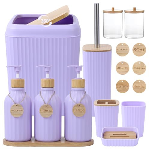 Set di accessori da bagno viola chiaro, 17 pezzi, con bidone della spazzatura, 3 dispenser per sapone liquido, portaspazzolino, portasapone, bicchiere, 6 etichette in legno con vassoio, accessori da