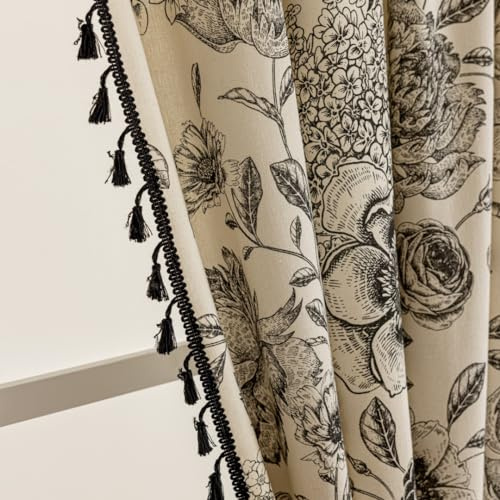 F-CHU Schwarze Vorhänge mit Blumenmuster, Landhaus-Vorhänge, 213 cm Länge, Baumwoll-Leinen, Boho-Fenstervorhang mit Quaste, Stangentasche, Schlafzimmer, Makramee-Vorhänge, Blumenvorhänge, 2 Paneele