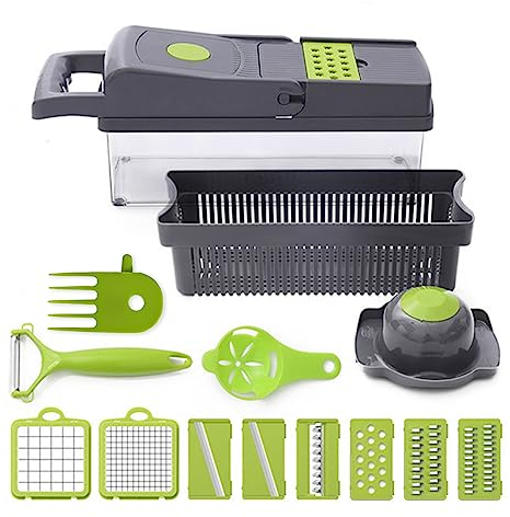 Vegetable Chopper with 8 Stainless Steel Blades 14-in-1 Multifunctional Mandoline Slicer Dicer Vegetable Slicer Food Chopper Kitchen for Onion Garlic Carrot Potato, Tomato Fruit Salad