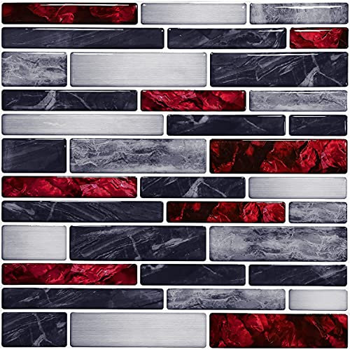 Stickers Muraux Cuisine Marbre Rouge - Gris Décoration Murale En Carrelage,Autocollants Carrelage Salle De Bain Et Cuisine,Auto-Adhésif Pvc Imperméable Style Carreaux De Ciment 15X15Cm