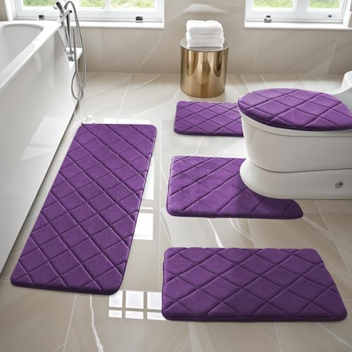 YIHOUSE Badezimmerteppich-Set, 5-teilig, weich, rutschfest, Memory-Schaum, maschinenwaschbar, Badezimmermatte, wasserabsorbierend, Badteppich-Set für Badewanne, WC und Boden, Violett