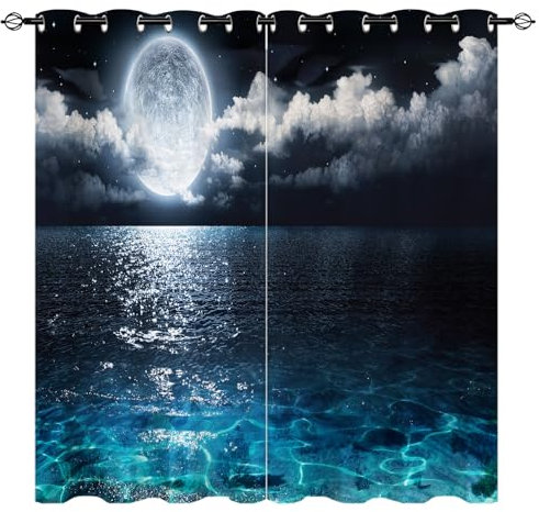 YUANZU Vollmond Vorhänge Meer Ozean Wolken Nachtszene Ösen Gardinen mit Blickdichte Vorhang Kälteschutz Blackout Curtain Wohnzimmer Schlafzimmer Verdunkelung Fenster, 2 Stück, H 160 x B 132 cm