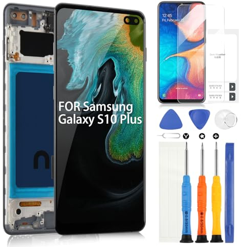 LCD Display für Samsung Galaxy S10 Plus Display für Galaxy S10+ G975F G975U G975A 6,4 Zoll LCD Bildschirm Touchscreen Montage Ersatz mit Werkzeugen (Schwarz mit Rahmen, Ohne Fingerabdruckerkennung)