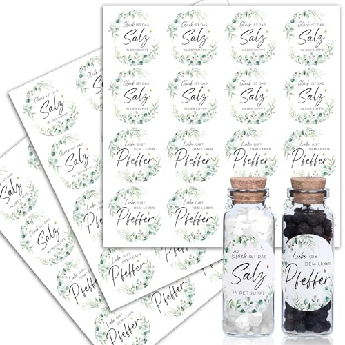 BOOMTOP 48 Aufkleber Salz & Pfeffer Hochzeit Sticker Liebe & Glück Gastgeschenke Aufkleber Eukalyptus Etiketten Selbstklebend Vintage Hochzeitsgeschenk Dekoration Hochzeitssticker für Gläser