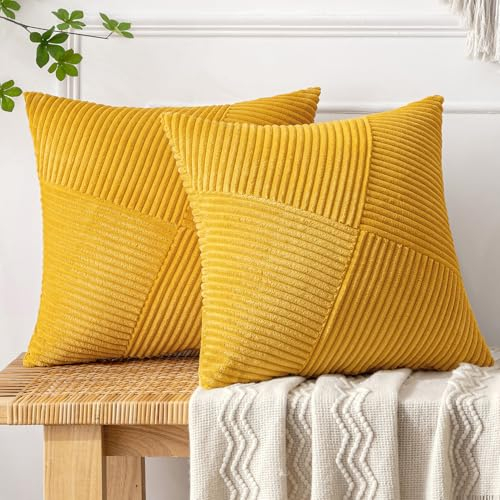 MIULEE Kissenbezug 50x50 Senfgelb Kordsamt 2er Set Kissenbezüge Zierkissenbezug Kissenhülle Sofakissen Dekokissen Streifen Muster Patchwork Design für Wohnzimmer