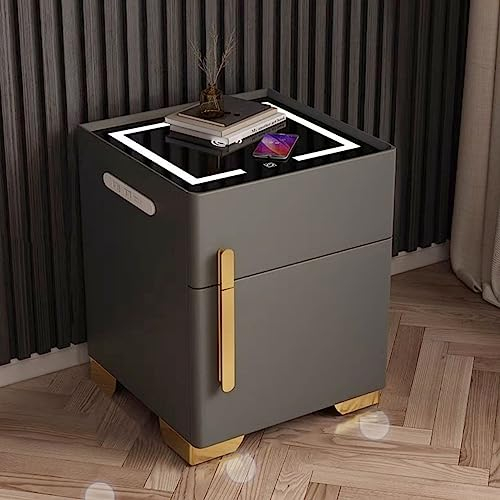 Wireless Charging Smart Bedside Table with Safe and 3 Color LED Lights - Multifunction Nightstand with USB Port, End Table for Bedroom, Dorm and Living Room (Beige)