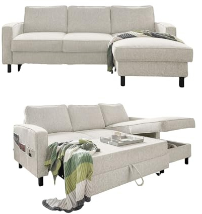 MIUFORM Molly S mit Bettkasten | limitierter Polsterstoff | 4 Sitzer Ecksofa | L-form rechts | 228 x 148 x 88cm Couch | Klappsofa mit Schlaffunktion | Schlafsofa klappbar (Beige)