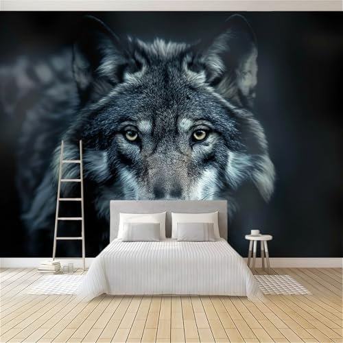 Fototapete Tierischer Grauer Wolf 350x256 cm Wandtapete, Vliestapete Fotoposter Wandbild, Moderne Wanddeko, für Schlafzimmer Wohnzimmer Kinderzimmer, Panorama 3D Effekt