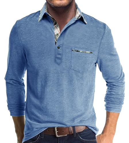 Comilaka Men's Polo Long Sleeve Casual Contrasting Color Polo Shirts with Pocket M-4XL