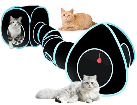 NANEEZOO Katzentunnel große Katzenspielzeug 3 in 1 Faltbare Katzen Tunnel mit Aufbewahrungstasche Interaktives Katzen Spielzeug 3 Wege Spieltunnel für Katze Welpen Kaninchen (Blue)