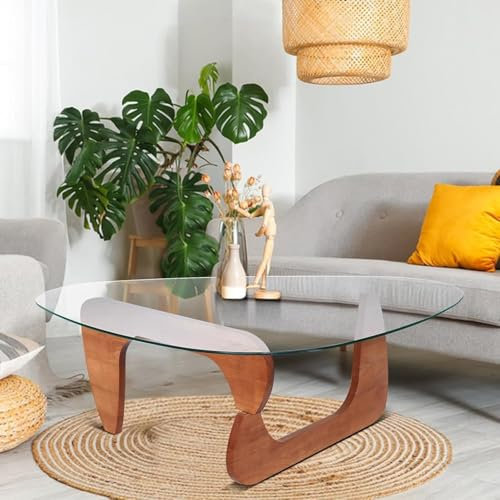 Table basse moderne en verre transparent avec base en bois pour le salon, petite table basse en forme de triangle (marron, 82 x 57 x 40 cm)