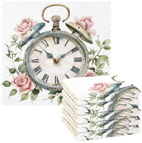 Mnsruu Mikrofaser-Reinigungstücher, Uhr, Rosen, grüne Blätter, wiederverwendbare Geschirrtücher zum Abwaschen, 6 Stück, schwedisches Geschirrtuch, Mikrofaser-Reinigungstücher, waschbar, Staubtuch,