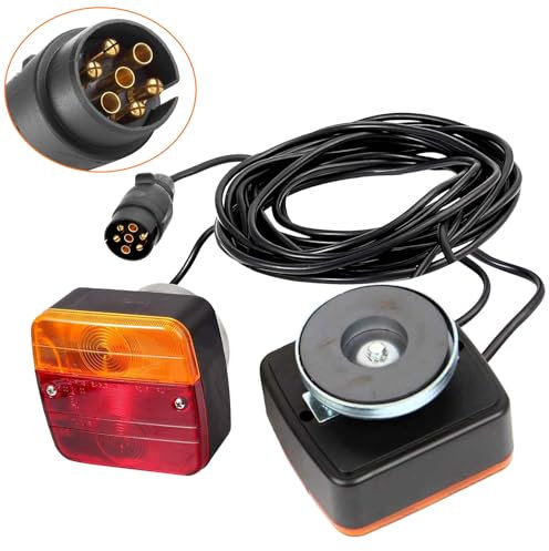 12V Magneten Anhänger Rückleuchten mit 7 Poliger Stecker, Rücklicht Set für Anhängerbeleuchtung mit 7.5m und 2.5m Kabel, Kennzeichenleuchte, 2 Wasserdicht Glühbirnen für Wohnwagen,KFZ, PKW, LKW,Boote