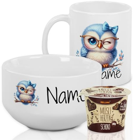 GRAZDesign Taza de cerámica con cuenco de cereales con nombre personalizado, set de desayuno para adultos y niños, diseño de búho