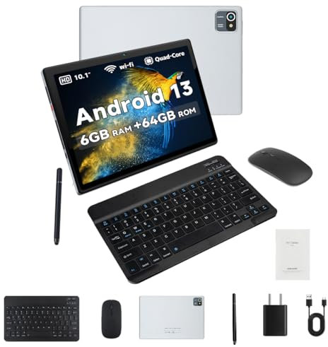 AEEZO 10.1 Inch Android 13 Tablet with Keyboard, Wireless Mouse and Pen, 6 (2+4) GB RAM, 64GB ROM, Expandable Storage 128GB, HD IPS Screen, 5000mAh Battery, 2MP+5MP Camera, Book Reading, Sliver