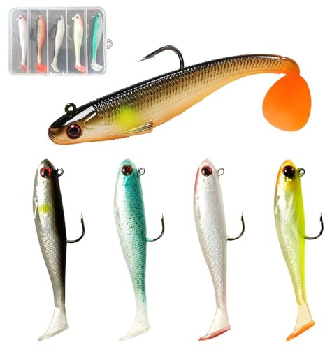 Ksvaye 5 Stück Angelköder Set Gummifische für Hecht Gummifisch mit Jigköpfe 12.3g Gummiköder mit Box Kunstköder Wobbler Hecht Köder Set für Salzwasser SüSswasser Zander Barsch Forelle (5 Farbe)