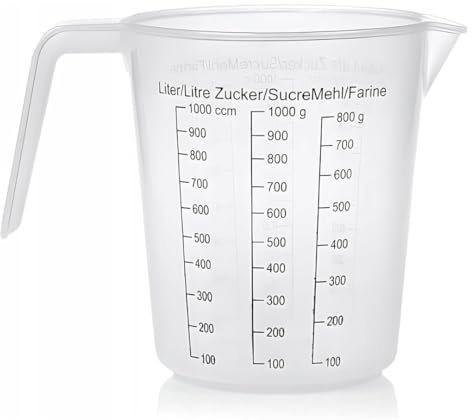 PARENCE.- Dosificador de plástico de 1L con asa - Litro, azúcar, graduación de harina - Gran capacidad 1000 ml - Aplicación fácil y precisa - No meter en el lavavajillas