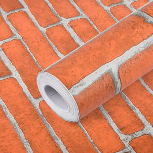 FOCCTS 0.45 x 10 m Brick Decorative Wallpaper Self-Adhesive Wallpaper Lengthen Printed Stick Paper Easy to Apply Peel and Stick Wall Paper - Orange Brick