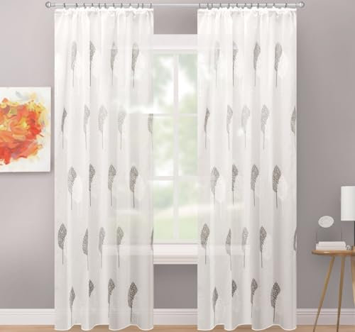 Delindo Lifestyle Gardine mit Kräuselband, 140x245 cm, halbtransparent, Blattmuster in Grau, 2er Set, Weiß