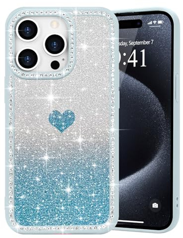 Micoden Case for iPhone 14 Pro Max with Cute [Removable Bling Glitter Heart Pattern Card],Sparkly 3D Diamond Rhinestone TPU Bumper,Camera Protective Shockproof Clear Cover for Women Girls-Blue