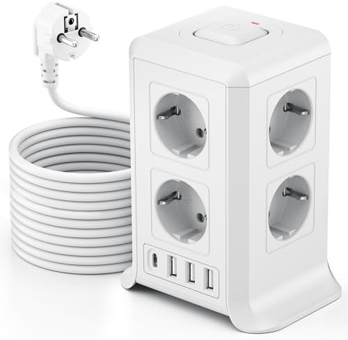 Torre Regletas Enchufes, Regleta USB 8 Tomas de AC y 4 USB Enchufe Multiple,Regleta Enchufes Proteccion Sobretension, 5 M Regreltas Vertical con Interruptor para Mesa, Oficia, Casa