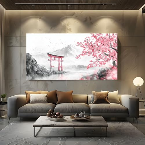 Bilder für Wohnzimmer Japanische Kirschblüten Großes Leinwandbild für XXL | Schlafzimmer, Wandbilder Tintenmalerei Berg Fuji Kunstdruck als Wanddeko Asiatischer Stil Torii Bild auf Leinwand 60x120 cm