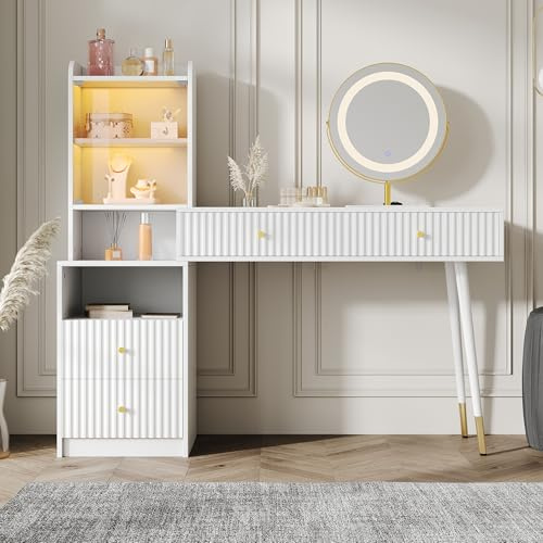 Juego de tocador con espejo LED tricolor, cuatro cajones, 1 armario iluminado con puerta de cristal, 1 compartimento de almacenamiento abierto, color blanco, tamaño: 100 x 40 x 125 cm (sin taburete)