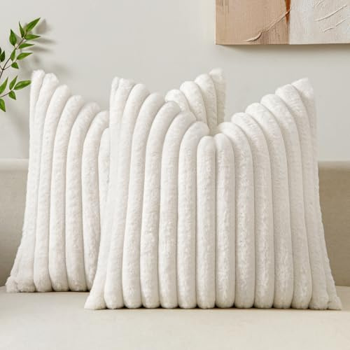 MIULEE 2er Set Kissenbezug 60×60cm Breitstreifen Plüsch Weiß | Polyester Plüsch Weich Kuschelig Pflegeleicht Dekorativ für Sofa Wohnzimmer Schlafzimmer Kinderzimmer und Gästezimmer
