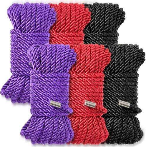 IMengjbang 6 Rolls Soft Silk Rope, Twisted Trim Cord 32 Ft/8MM Ropes Nylon Twisted Cord Trim Thread String Ropes Bedroom Play for Beginners and Experienced Riggers, Silky Soft Rope(3 Colors)