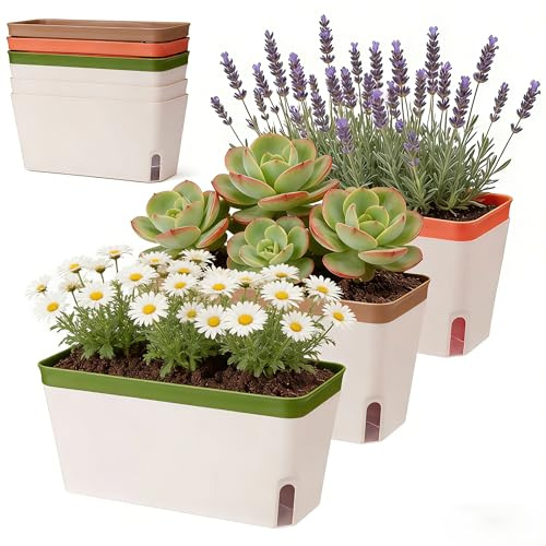 Otopone Self Watering Plant Pots Indoor, 3 Pcs Herb Planter Set | Rectangular Window Box Planter with Wick Strips, Water Level Windows and Refill Inlets for Herbs, Flowers and Succulents