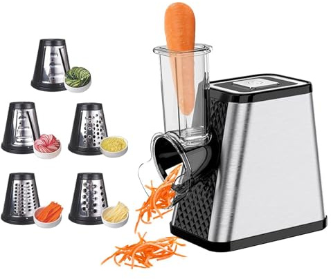 Coupe-légumes électrique 5-en-1, Râpe à légumes électrique 500W avec 5 lames en inox pour fromage, légumes, fruits – Robot râpe et trancheur multifonction