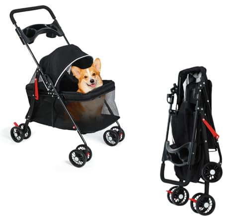 Pet Stroller-Dogs Cat Stroller,Dog Pushchair Dog Pram with Storage Basket Cup Holder, Foldable Pet Pram for Medium Small Dog