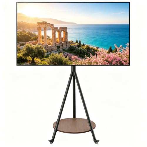 unho TV Floor Stand, Mobile Tripod TV Stand for 40-75 inch Screens Black | Wooden Art TV Easel on Wheels, Height Adjustable Max VESA 600x400mm, Heavy Duty Corner Television Display Mount Base, 50kg