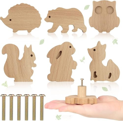 Schrankknäufe aus Holz, dekorative Holzkommoden, Griffe mit Schrauben, Meerestiere, Möbelgriffe für Kinderzimmer, Schubladendekoration (Waldtiere, 6 Sets)