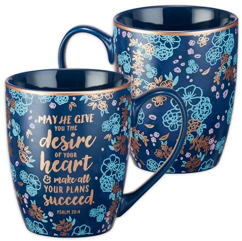 Christian Art Gifts Blue Bible Verse Mug – Floral Faith Mug for Women & Men, Ceramic Coffee Mug w/Gold Trim & Psalm 20:4 Calligraphy – “The Desires of Your Heart” Mug, 12 oz