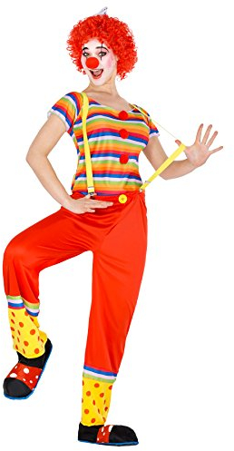 dressforfun Frauenkostüm Clown | Kostüm + Hosenträger und Afro-Perücke mit Schleife | Clownfrau Clown-Kostüm Fasching (M | Nr. 300819)