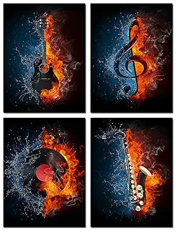 VVOVV Wall Decor - 4 Panel Musik Leinwand Gemälde Wasser und Feuerinstrument Serie Bild Drucke E-Gitarre, Musiknote, Saxophon und Plattenspieler Wandkunst (Musik-Wandkunst)
