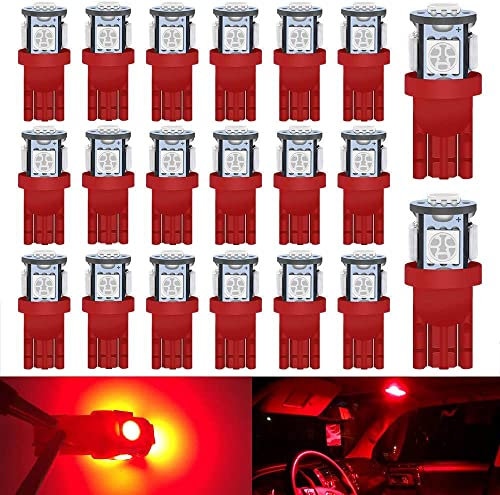 Defvnsy T10 W5W 194 168 501 LED Bulb, 12V Red Interior Bulb Light for Dome Lights, License Plate, Dashboard, Door, Map, Trunk, Reading, 5050 5SMD Bulbs Replacement (20-Pack)