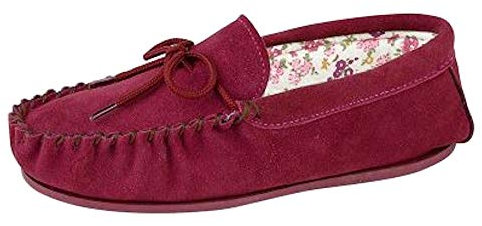 Ladies Real Suede Leather Moccasin with Hardwearing Sole (3 UK, Crimson Red)