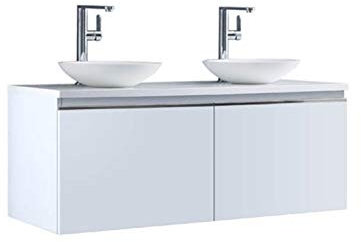 StoneArt Badmöbel Set Mineralguss Waschbecken Waschschale Aufsatzwaschbecken und Unterschrank Waschtisch Einzel- oder Doppelwaschbecken Milano ME-1200pro-4 weiß 120cm