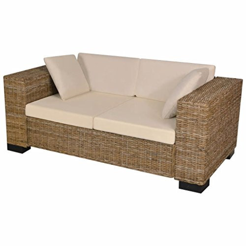 Tidyard Divano da Giardino a 2 Posti in Rattan Naturale Con Cuscini, da Salotto, Soggiorno, Esterno 162x80x61 cm