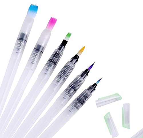 6 pièces stylos Pinceau à Eau, Stylo Pinceau à Eau avec réservoir d'eau remplissable, Ensemble de Dessin à Pointe Fine Brosse Plate