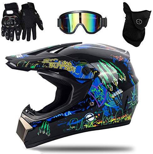 UIGJIOG Motocross Helm mit Brillen Maske Handschuhe, Herren Damen Motorrad-Helm Off-Road Downhill-Enduro-Helm-ATV-MTB-BMX Dirt Bikes Quad Motorräder Full-Face Schutz-Helm,J,L(56~57cm)