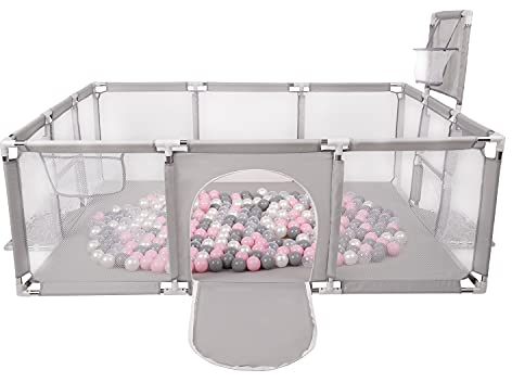 Selonis Laufstall Baby Großer Spielplatz Mit 100 Bälle Laufgitter Für Kinder, Grau:Perle/Grau/Transparent/Puderrosa