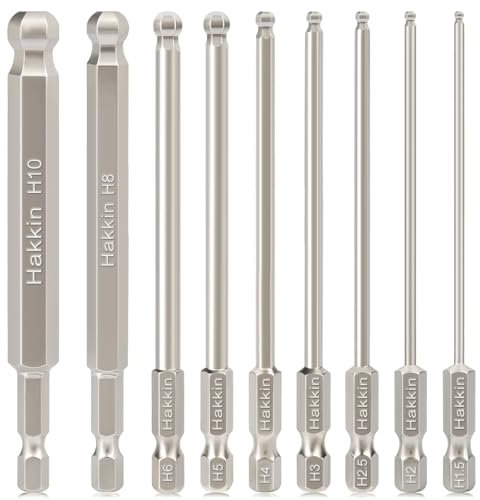 Hakkin 9PCS Ball End Allen Key Bits Set 100mm Metric Ball End Hex Bits 1/4” Hex Shank S2 Steel Magnetic Allen Wrench Screwdriver Bit H1.5-H10 hex Key Set for Furniture Assembly