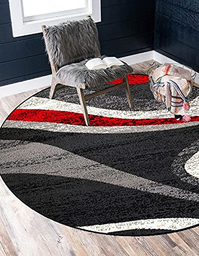 ZVEZVI Teppich Rund, Runde Teppiche 140 Bunt Grau und Rot Modern Waschbar rutschfest Wohnzimmer Schlafzimmer