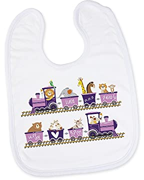 GRAZDesign Baby Lätzchen mit Name und Geburtsdaten - Tiere in der rosa Eisenbahn, personalisierte Geschenke zur Geburt, Mädchen mit Klettverschluss weiß
