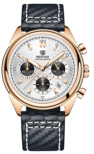 BY BENYAR Herren-Armbanduhr, wasserdicht, Chronograph, Leuchtend, klassisch, Lederarmband, großes Zifferblatt, Datum, Analog, Herren, Elegantes Geschenk, Goldweiß, Leather, Riemen